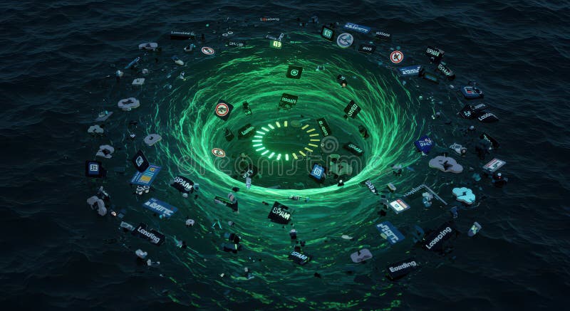 An ocean of digital garbage, overflowing with data fragments and an endless stream of information stock photos