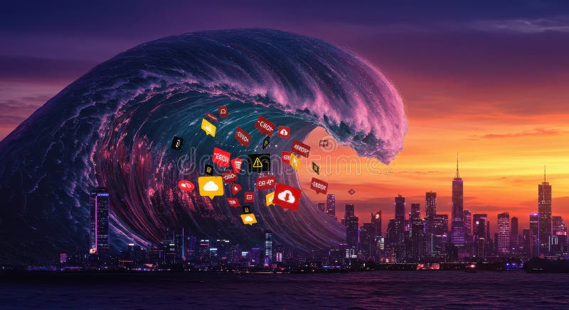 An ocean of digital garbage, overflowing with data fragments and an endless stream of information stock image
