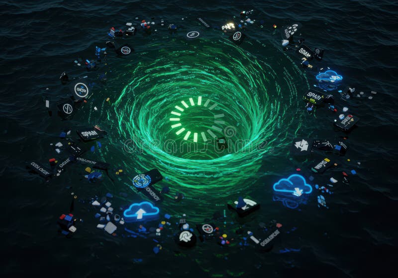 An ocean of digital garbage, overflowing with data fragments and an endless stream of information royalty free stock photos