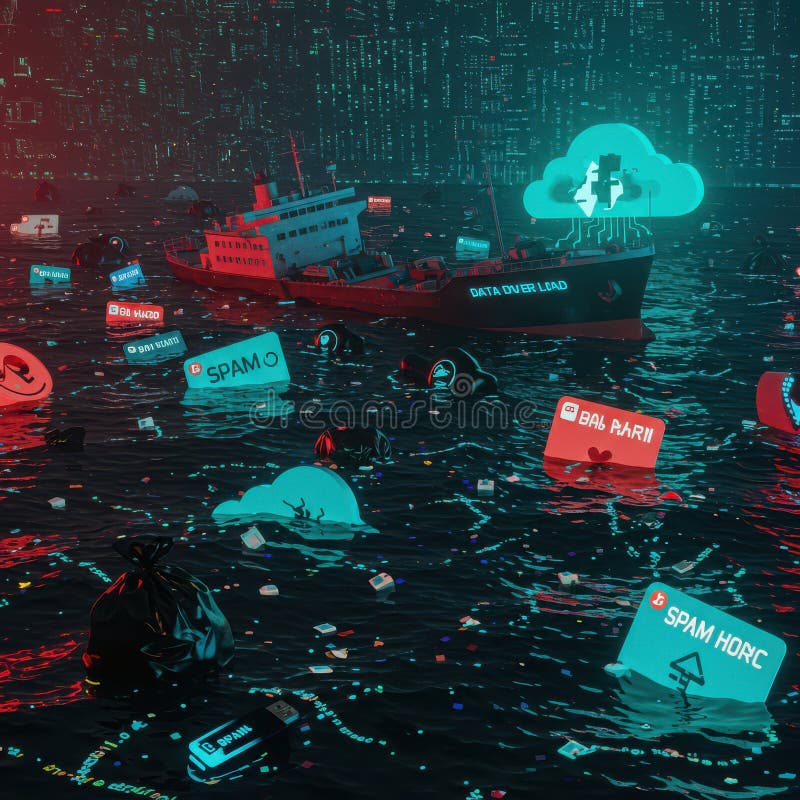 An ocean of digital garbage, overflowing with data fragments and an endless stream of information stock photo