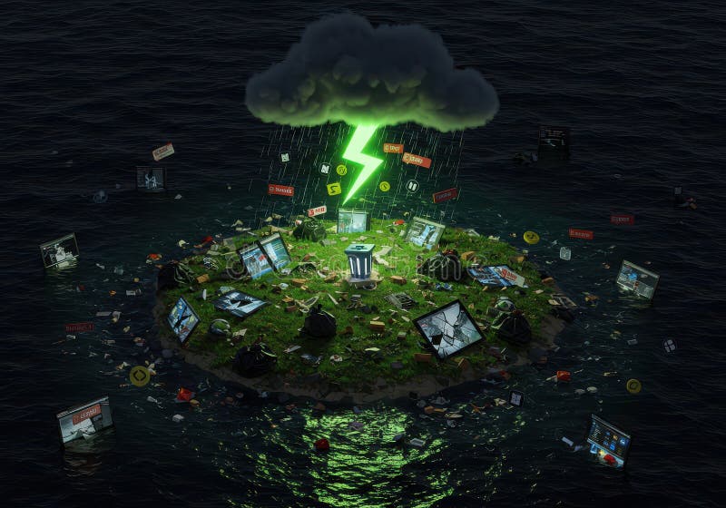 An ocean of digital garbage, overflowing with data fragments and an endless stream of information stock images