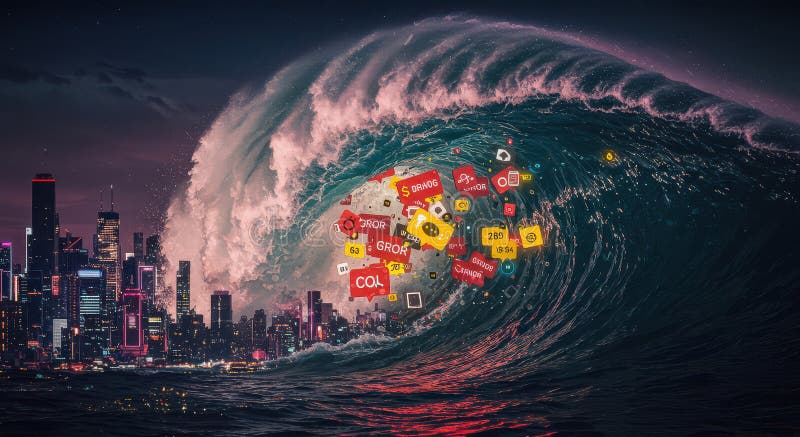 An ocean of digital garbage, overflowing with data fragments and an endless stream of information stock photography