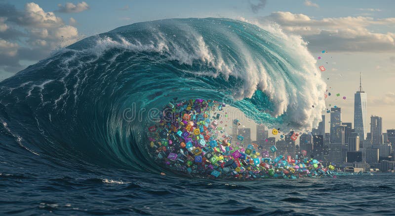 An ocean of digital garbage, overflowing with data fragments and an endless stream of information royalty free stock image