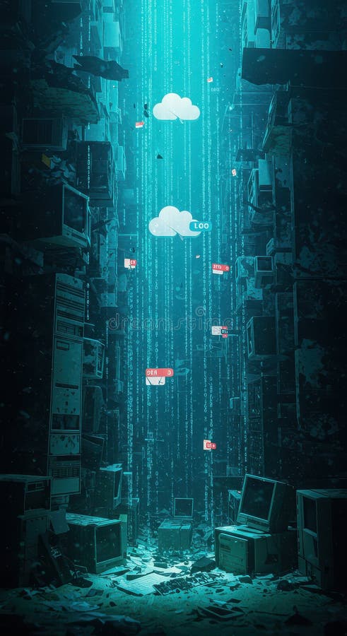 An ocean of digital garbage, overflowing with data fragments and an endless stream of information stock images