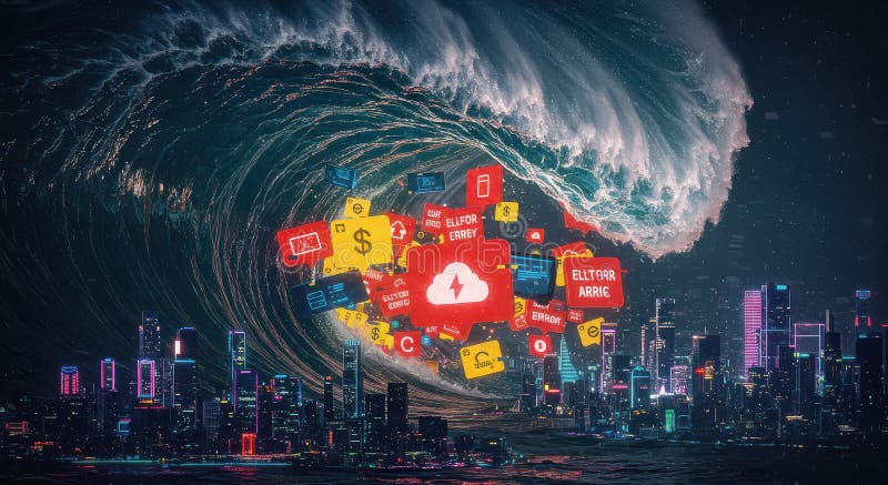 An ocean of digital garbage, overflowing with data fragments and an endless stream of information royalty free stock images