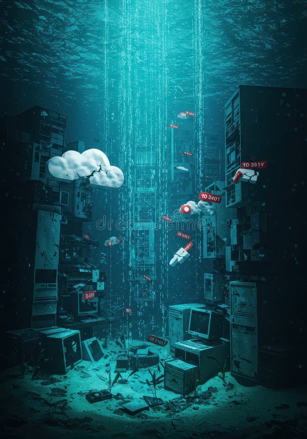 An ocean of digital garbage, overflowing with data fragments and an endless stream of information stock photo