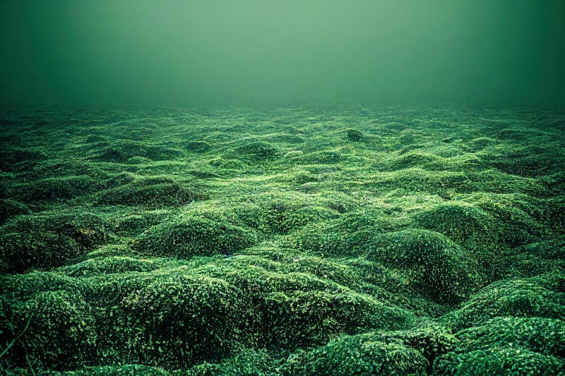 Ocean Floor Covered with Moss and Algae Seascape Near Shore. Stock