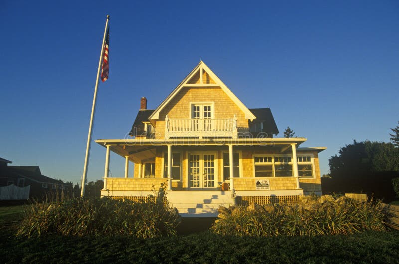 Ocean Front Home on Scenic Route 1 at Sunset, Misquamicut, RI Stock