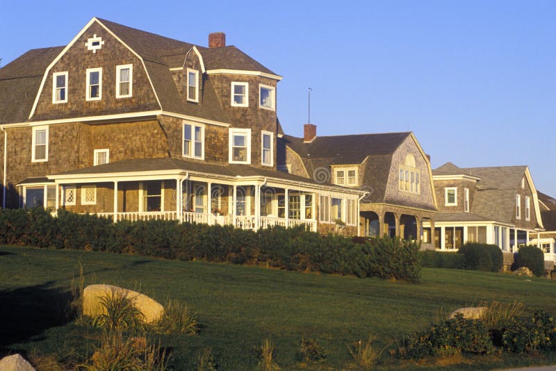 Ocean Front Home on Scenic Route 1 at Sunset, Misquamicut, RI Stock