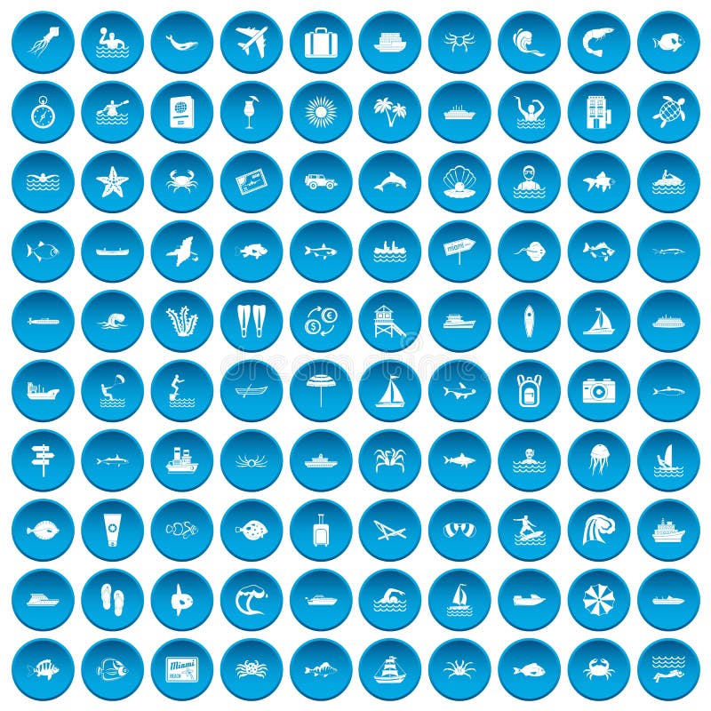 100 ocean icons set blue stock vector. Illustration of jellyfish 96541057