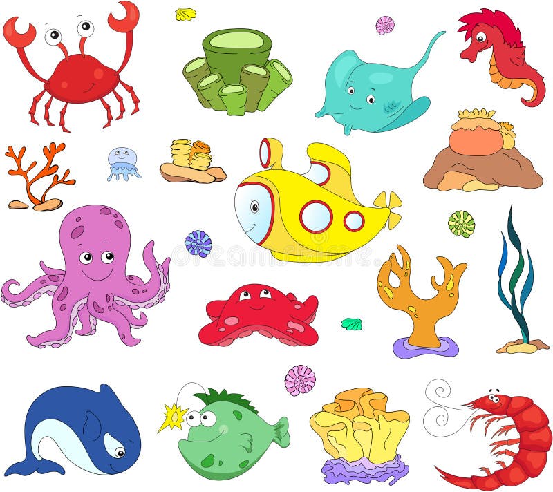 Ocean inhabitants and submarine. Octopus, jellyfish, starfish, s