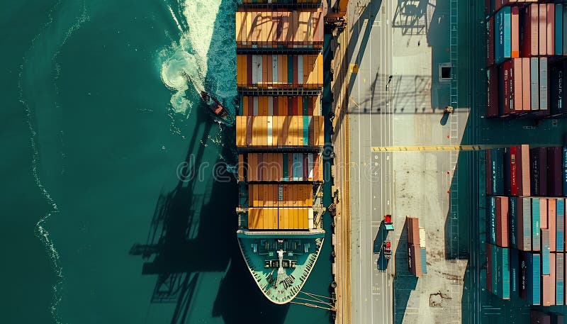 Navă mare container în port care descarcă vedere superioară stock illustration