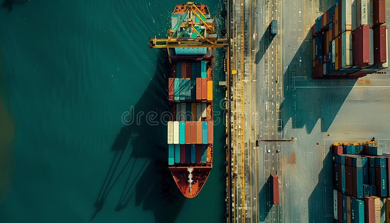 Navă mare container în port care descarcă vedere superioară stock illustration