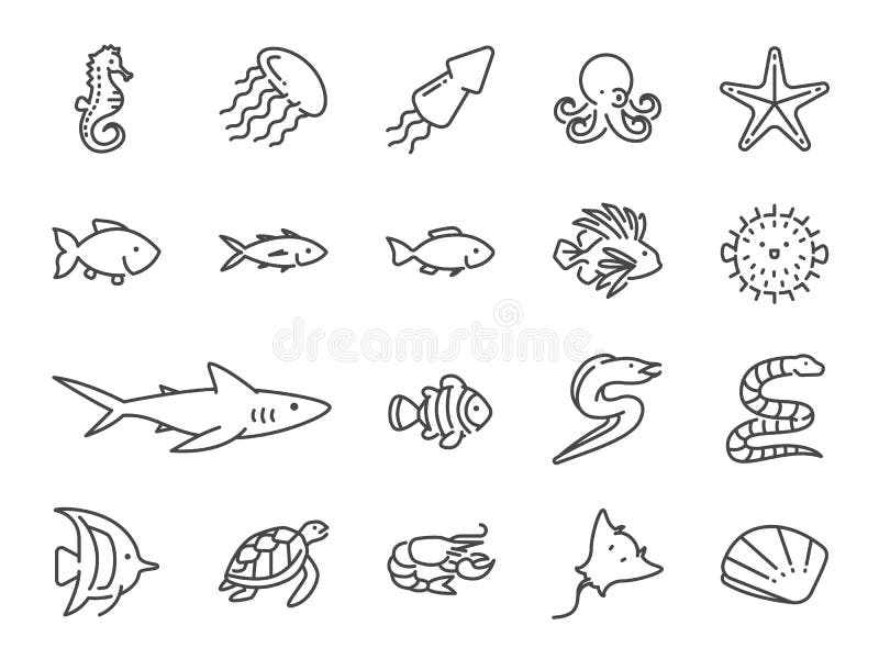 Ocean life line icon set. Included the icons as marine fish, sea fish, shark, seahorse, stingray, mackerel, shell, tuna and more.