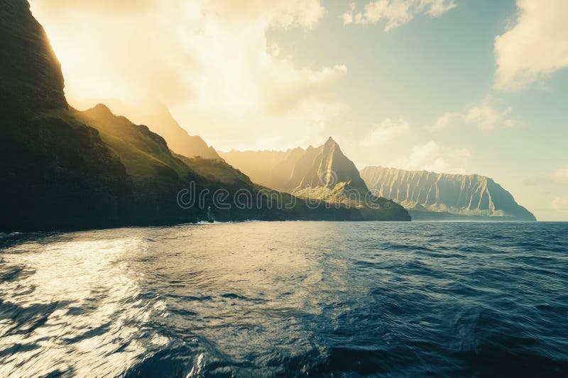 Ocean and mountains landscape seaside with in background calm waters imagens de stock