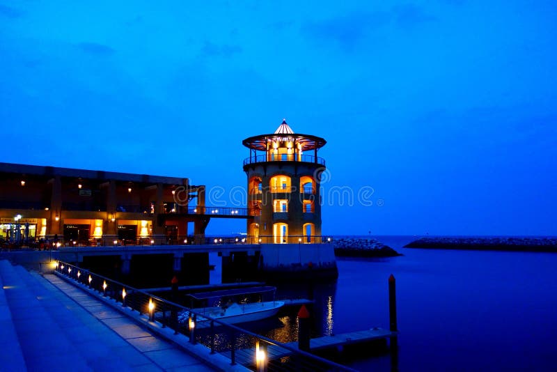 Ocean pier and docks at night stock photo