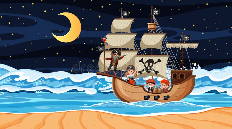 Ocean with Pirate Ship at Night Scene in Cartoon Style Stock Vector -  Illustration of landscape, beach: 224790682