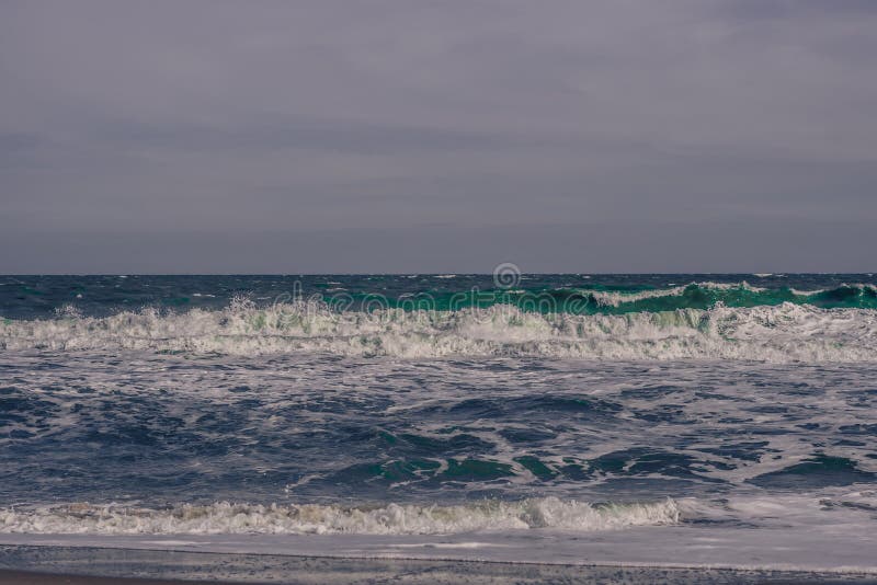 Ocean Storm Waves Dramatically Crashing Splashing. Sky Horizon Line ...