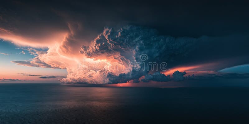 Ocean Thunderstorm, Epic Storm Clouds with Lightning Strikes at Sunset, Dramatic Nature Photography stock illustration
