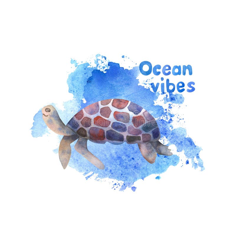 Ocean vibes watercolor poster with hand painted sea turtle and blue splash