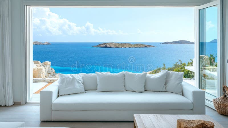 Ocean View Living Room White Sofa Coast Scene Island Landscape Minimalistyczny Wnętrze. projekt wnętrza koatelni ilustracja wektor