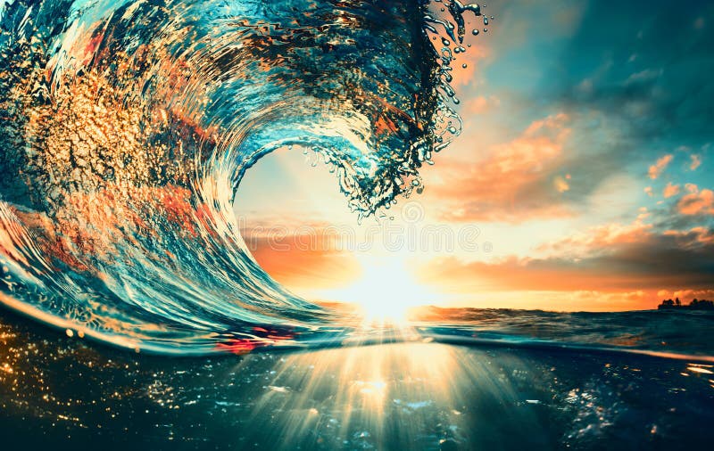 Sunset ocean surfing wave lip against sunlight. Ocean Wave sunset sea surfing background