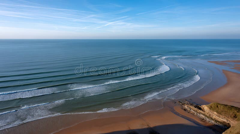 Ocean waves curling at the shore in rhythmic patterns