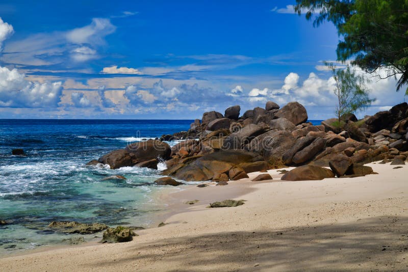 Ocean Waves And Granite Rocks Takamaka Beach Mahe Island Seychelles