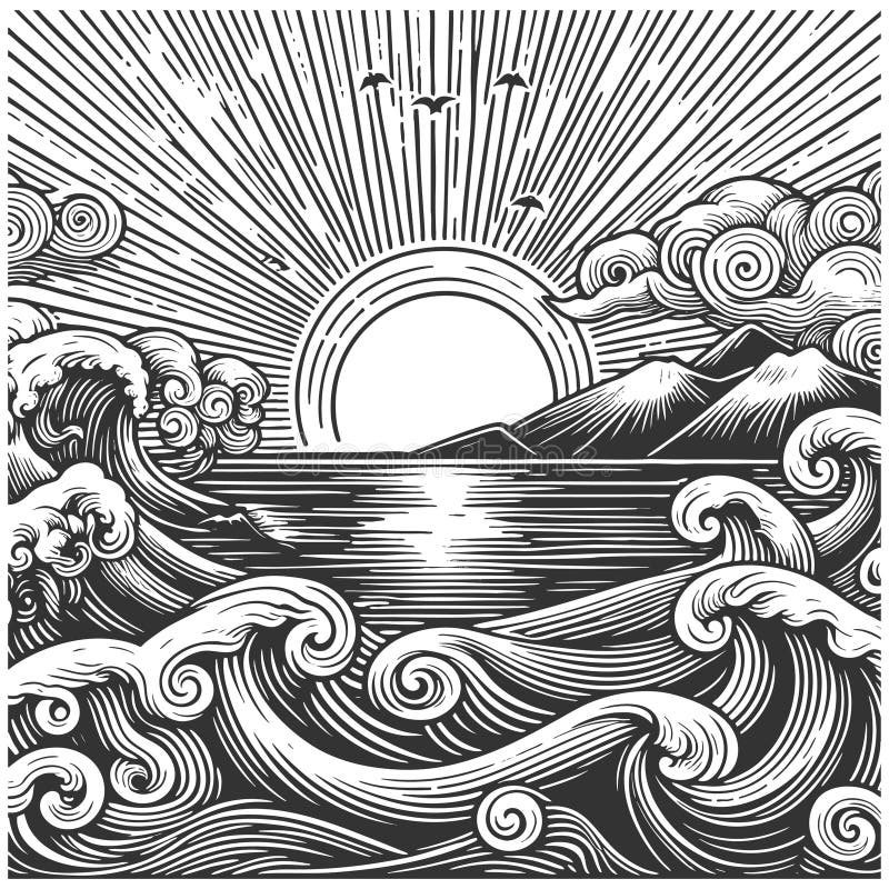 Ocean Waves and Sunset engraving sketch vector stock photo