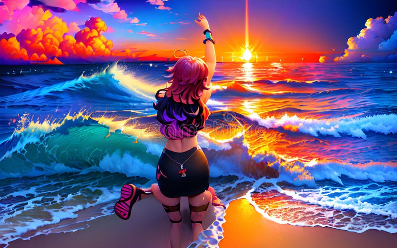 Anime Couple looking at Sunset, Anime Digital Art illustration for background  wallpaper. Generative AI Stock Illustration