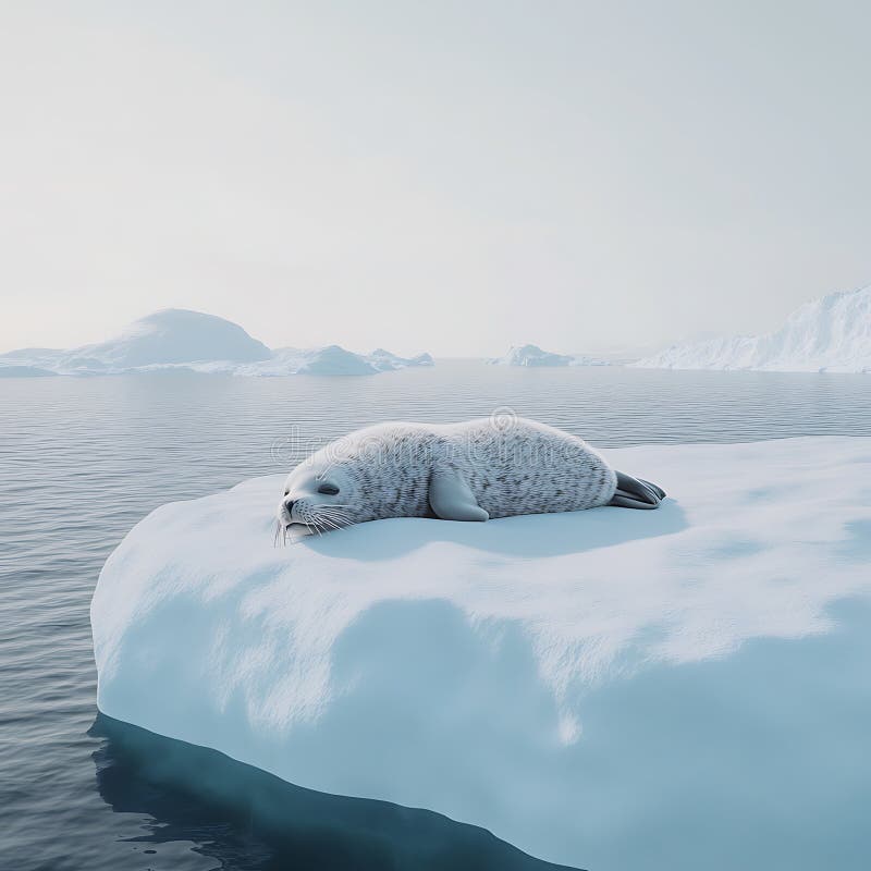 Oceano congelato con foche bianche Sedute sul ghiaccio e Icebergs galleggianti illustrazione di stock