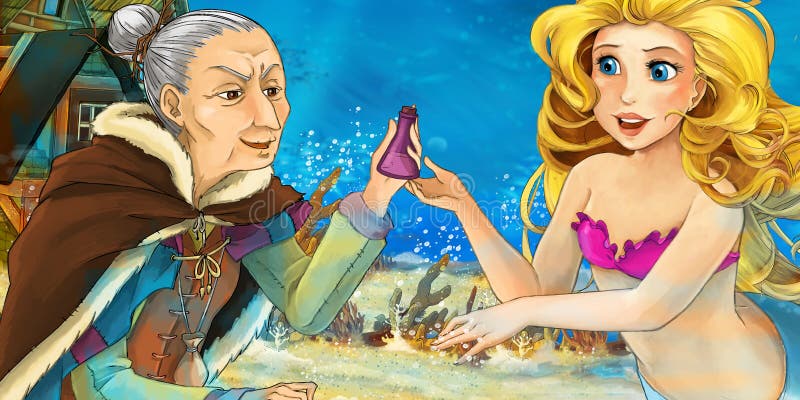 Oceano del fumetto e la sirena che parla con donna anziana illustrazione vettoriale Oceano del fumetto e la sirena che parla con donna anziana illustrazione vettoriale