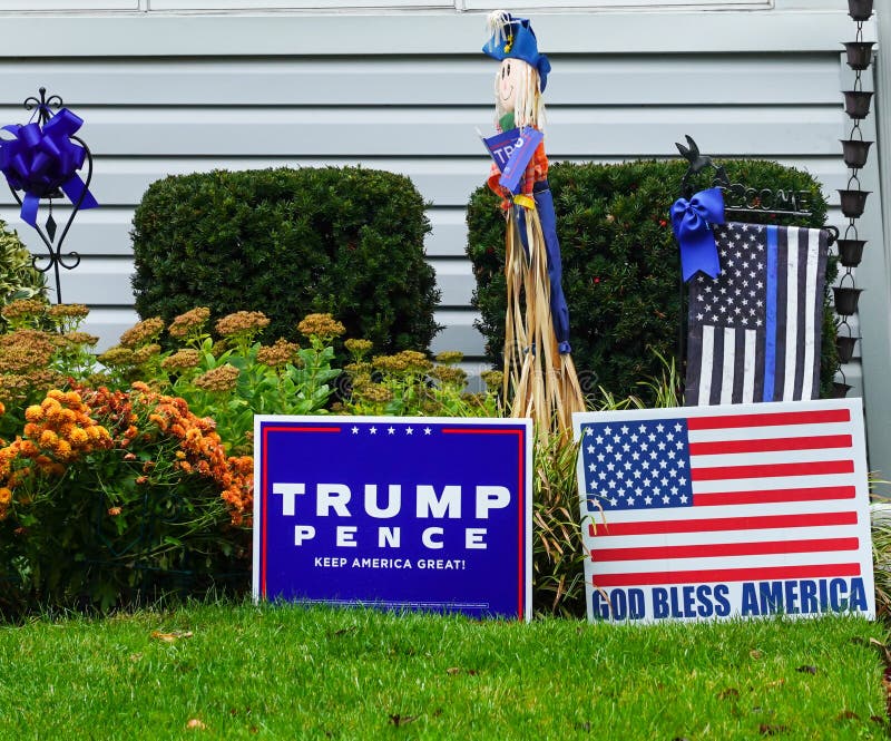 OCEANSIDE, NEW YORK - OCTOBER 20, 2020: Trump Pence 2020 lawn sign on display in Long Island, New York