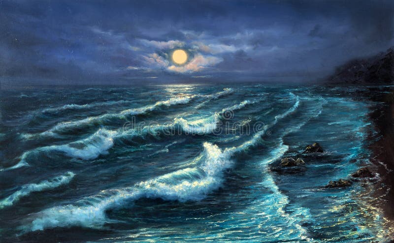 Oceanu brzeg przy nocą