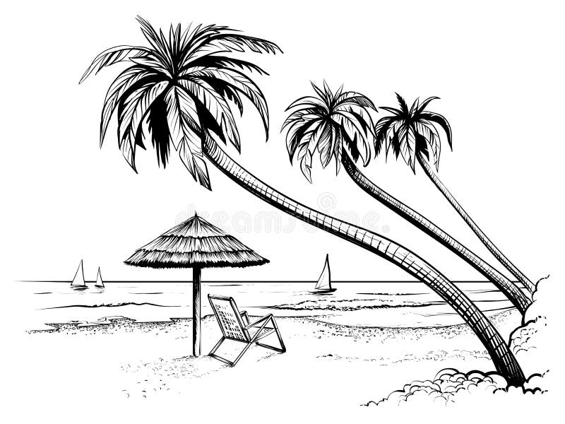 Oceanu lub morza plaża z, Ręka rysujący nadmorski widok ilustracja wektor Oceanu lub morza plaża z, Ręka rysujący nadmorski widok ilustracja wektor