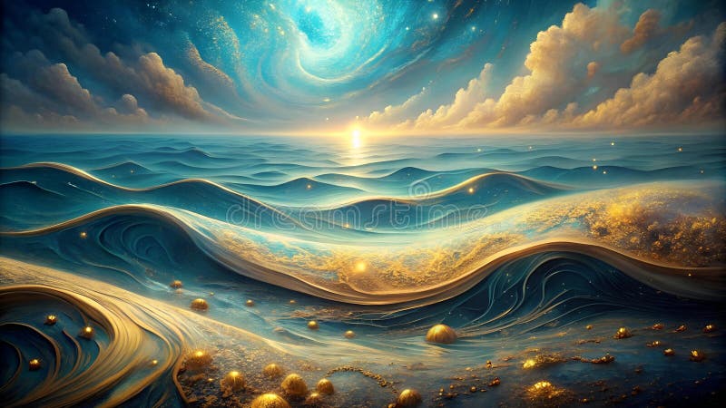 Oceany obejmują : tapiserie niebiesko-złototwórczej ai. Oceany obejmują : tapecika niebieskiego i złotego generatora ai marzycielska ilustracja dna oceanicznego, gdzie wirujące blues i złote akcenty tworzą zapierającą dech w piersiach tapę koloru.
