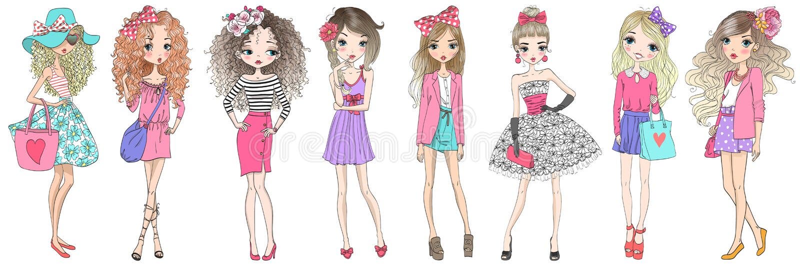 Ocho muchachas lindas hermosas exhaustas del fasshion del verano de la historieta de la mano Ocho muchachas lindas hermosas exhaustas del fasshion del verano de la historieta de la mano