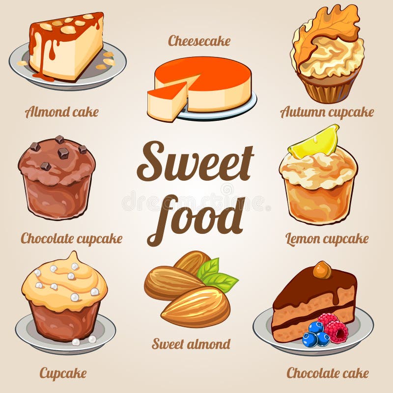 Ocho tortas y magdalenas deliciosas en un sistema ilustración del vector Ocho tortas y magdalenas deliciosas en un sistema ilustración del vector