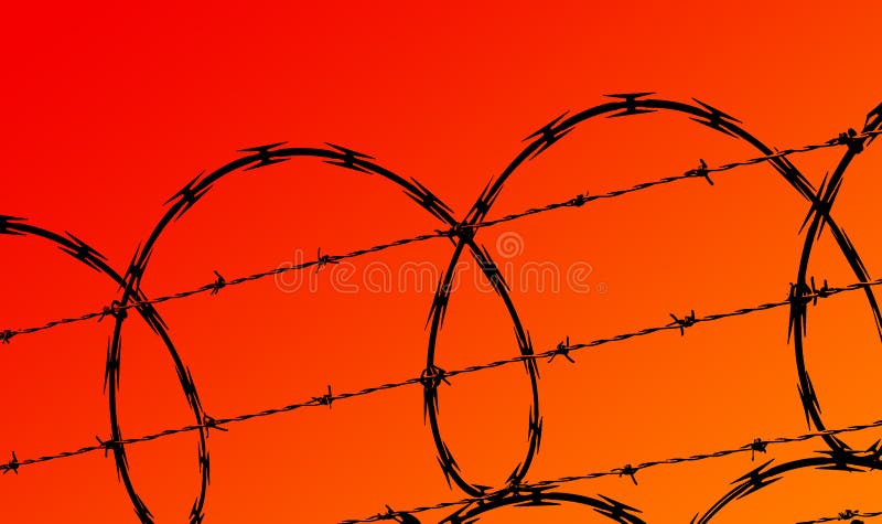 Security razor wire and barb wire fence against red / orange sky. Security razor wire and barb wire fence against red / orange sky