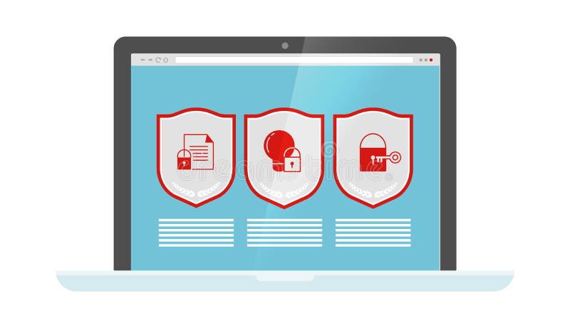 Ochrona danych Osłony zabezpieczeń sieci Web na ekranie notebooka Komputer wektorowy — ikony bezpieczeństwa internetowego ilustracja wektor