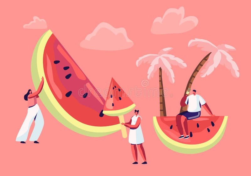 Ocio del verano, partido de la playa Varón minúsculo y caracteres femeninos con la sandía enorme Gente que disfruta de vacaciones stock de ilustración Ocio del verano, partido de la playa Varón minúsculo y caracteres femeninos con la sandía enorme Gente que disfruta de vacaciones stock de ilustración