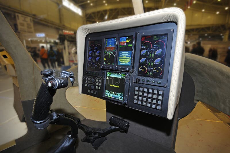 Ockpit of a Light Passenger Helicopter. Pilot Seat, Dashboard, Steering