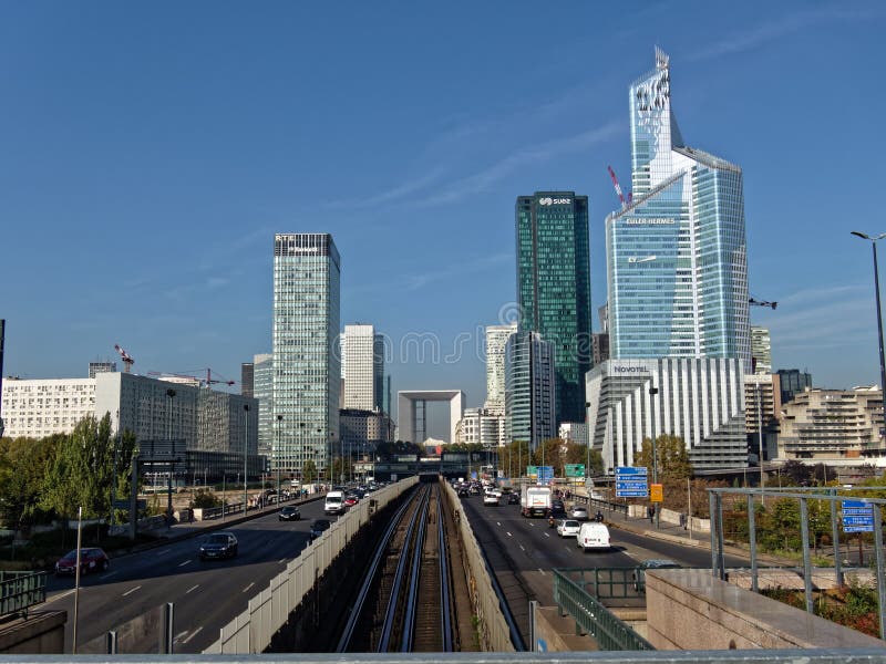 View from  Neuilly bridge `Pont de Neuilly` to La DÃ©fense towers and skyline - Paris, France