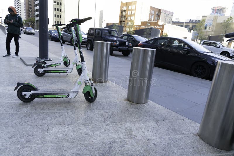 October 6 2019 Calgary, Alberta Canada Electric Scooters Parked on