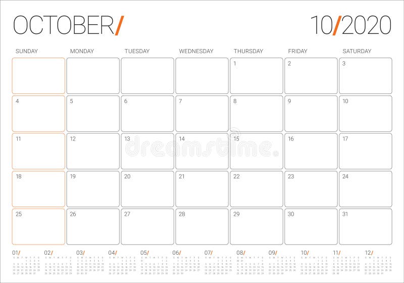 October 2020 Calendar Template, Desk Calendar Layout Size 8 X 6 Inch