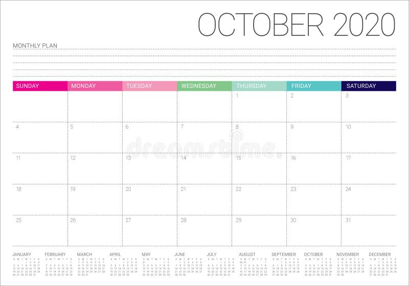 October 2020 Monthly Calendar Vector Illustration Stock Vector