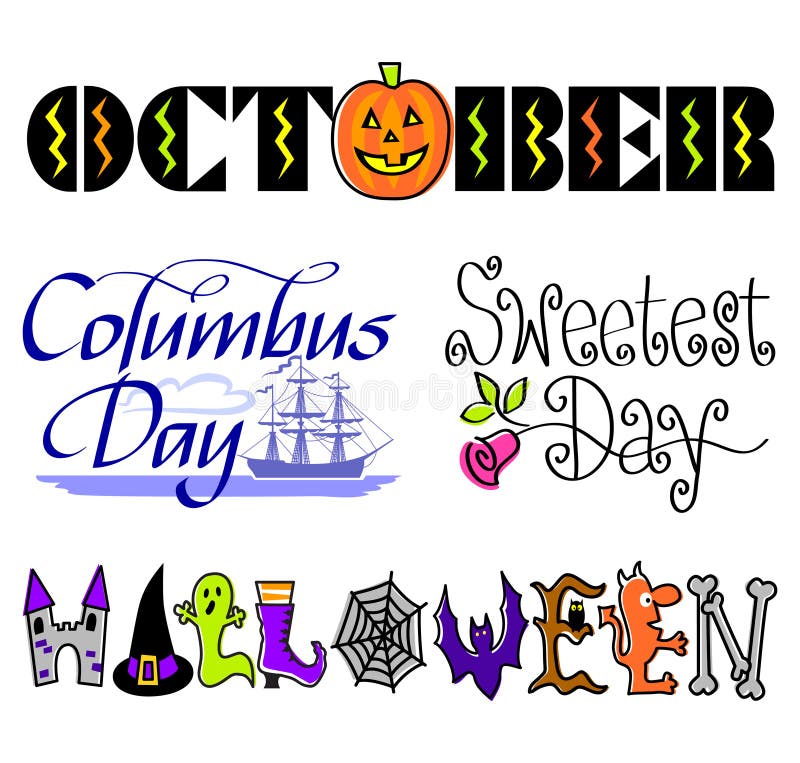 Illustrated headlines for October holidays including halloween, Columbus day and Sweetest day. Illustrated headlines for October holidays including halloween, Columbus day and Sweetest day