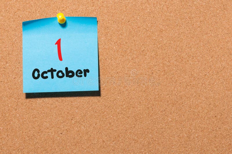 October 1st. Day 1 of Month, Calendar on Notice Board. Autumn Time