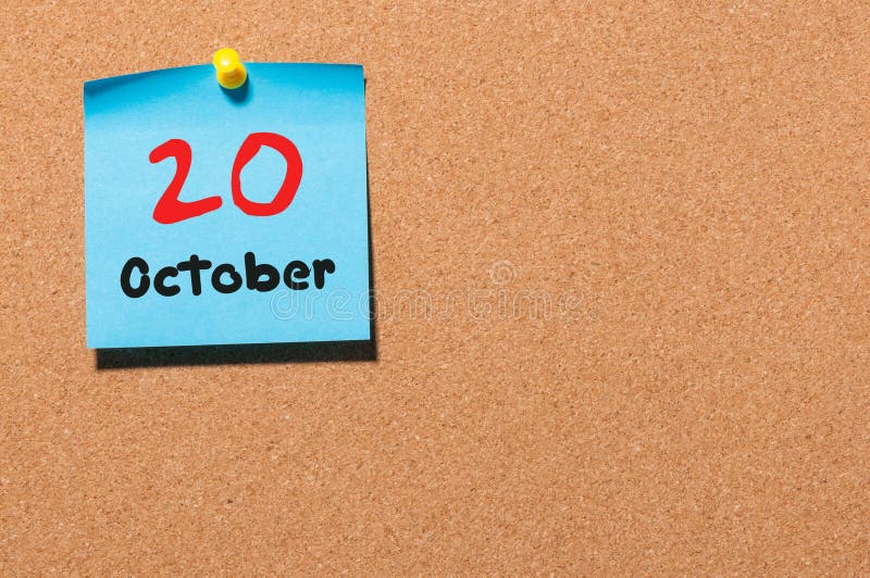 October 20th. Day 20 of Month, Color Sticker Calendar on Notice Board