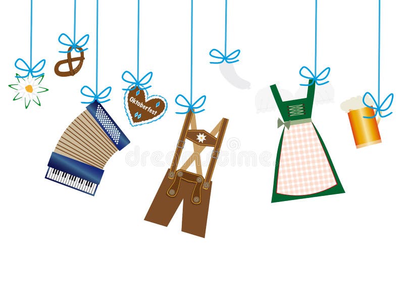 Octoberfest tło, lederhosen, dirndl, szarotka, precla obwieszenie na niebieskiej linii ilustracji Octoberfest tło, lederhosen, dirndl, szarotka, precla obwieszenie na niebieskiej linii ilustracji